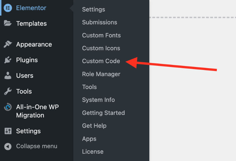 Elementor Custom Code Navigation