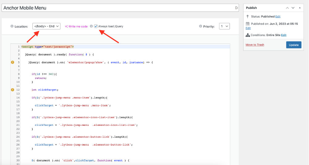 Elementor Custom Code Setup