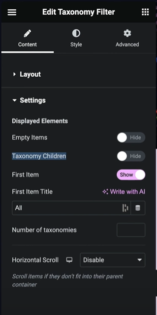 Elementor Taxonomy filter settings