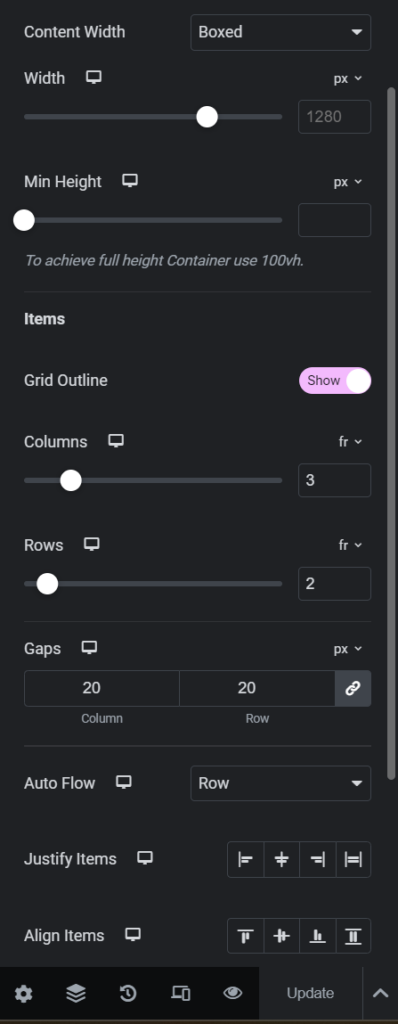 Elementor grid settings