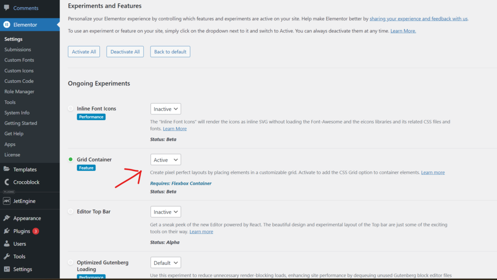 How to actiavte Elementor Grid Containers