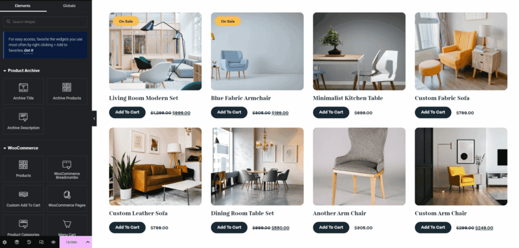 Products archive page using elementor loop 