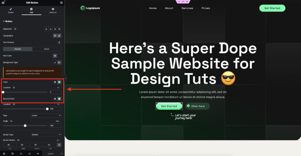 Screenshot of website design editing interface with text options.
