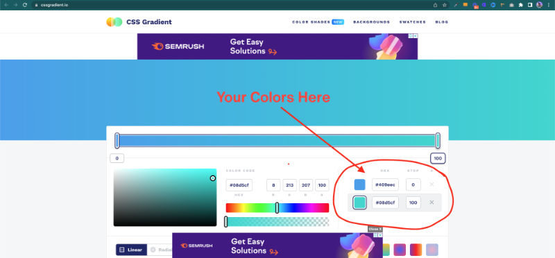Screenshot of CSS Gradient color picker tool online.