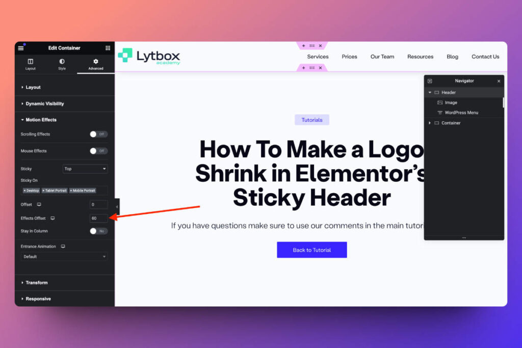 Ly tbox tutorial on making a logo shrink in Elementor.