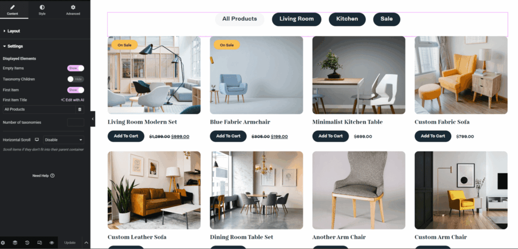 Online furniture store interface with product listings and prices.