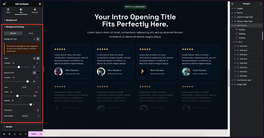 Screenshot of a customizable website template interface