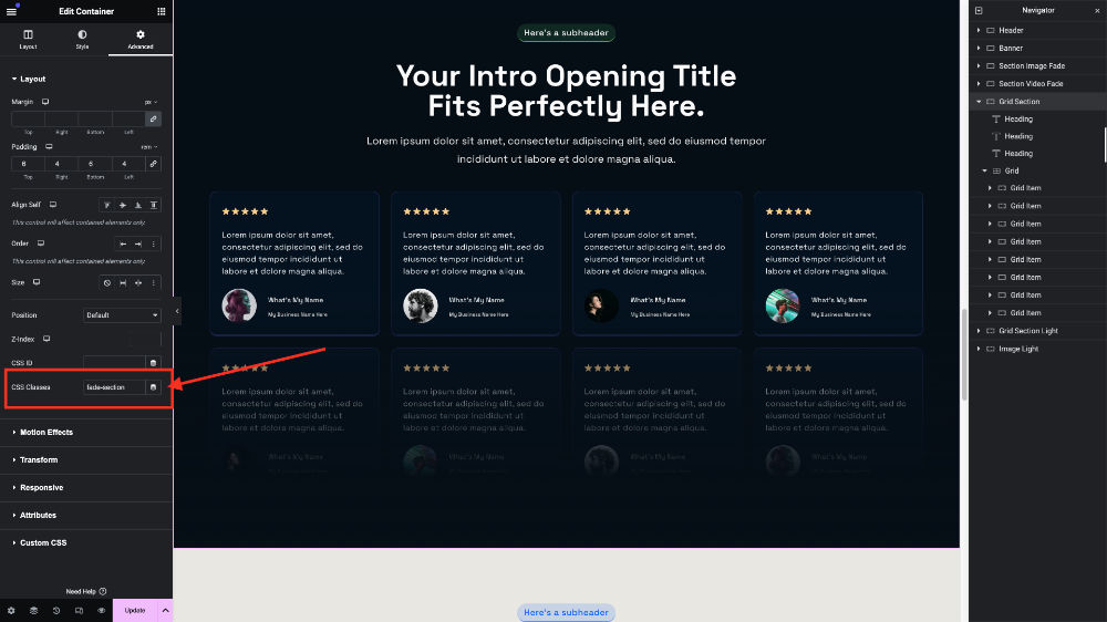 Screenshot of website layout editing interface