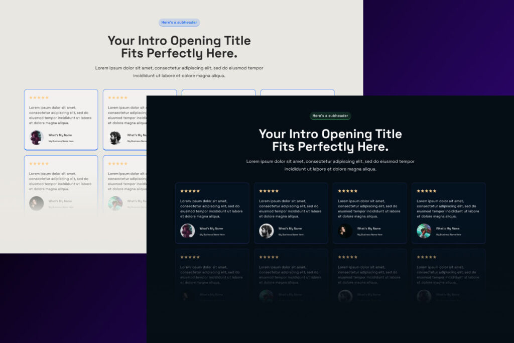 Website template with introductory text and user testimonials