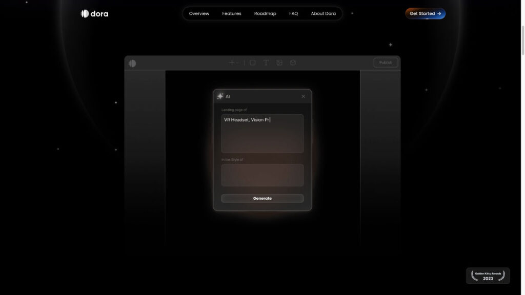 Dora interface displaying AI tool for generating VR content.