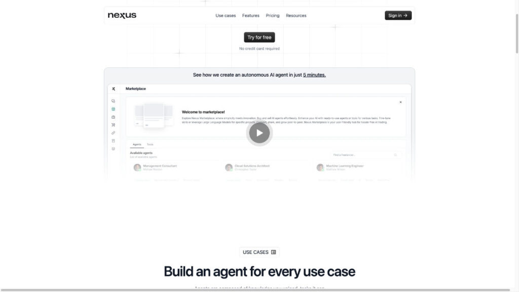 Nexus website homepage showcasing AI marketplace features