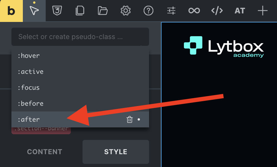 Screenshot highlighting CSS pseudo-class in Lytbox Academy interface